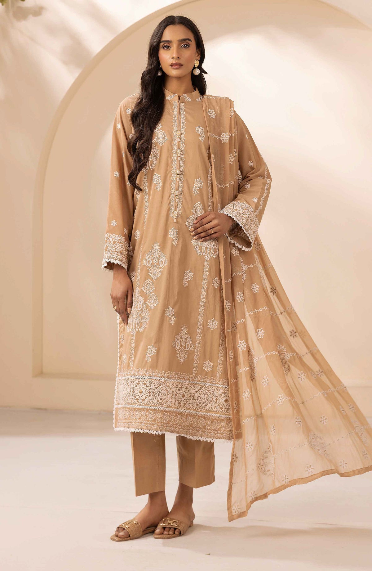 Khoobsurat by Al Karim Embroidered Lawn Unstitched 3 Piece Suit - LS-611 - AK26LW - Beige - Summer Collection