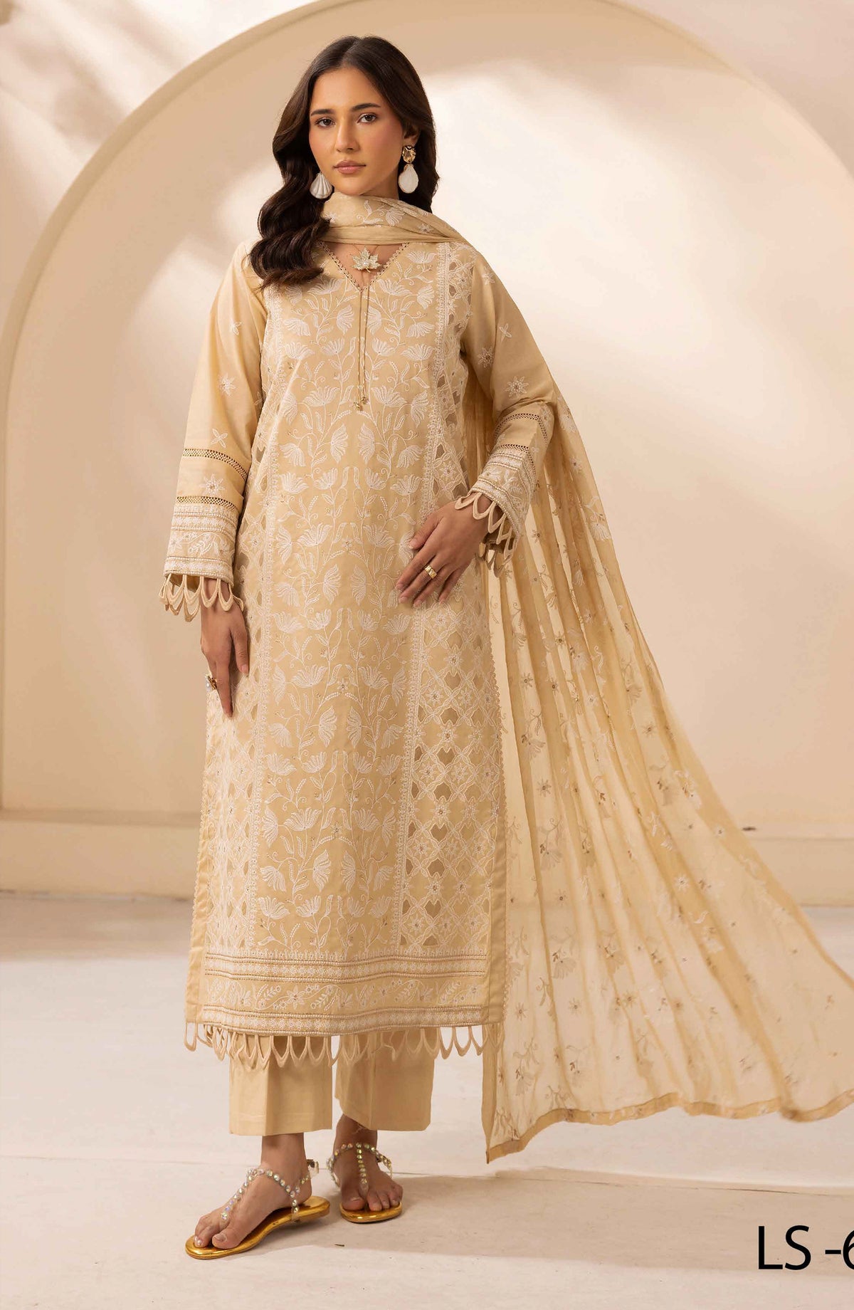 Khoobsurat by Al Karim Embroidered Lawn Unstitched 3 Piece Suit - LS-609 - AK26LW - Fawn - Summer Collection