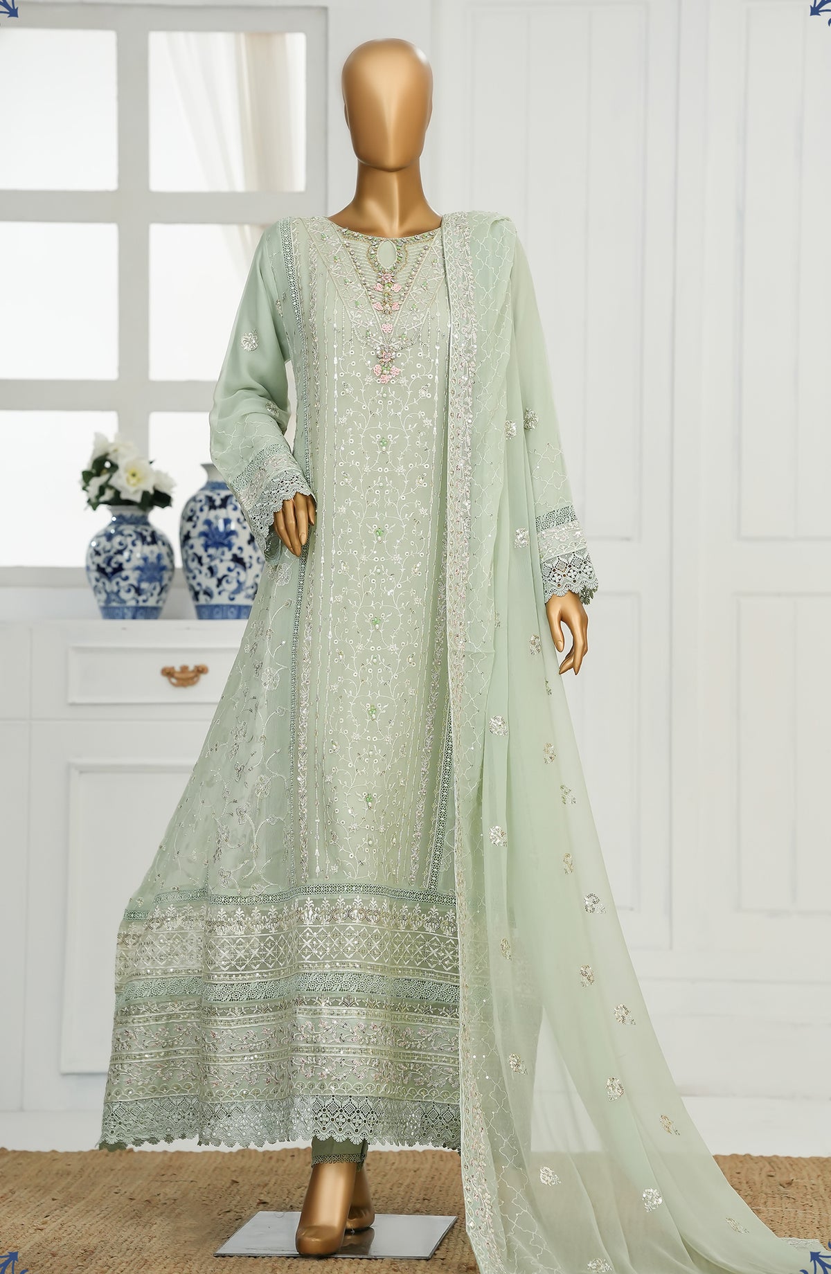 Khwabeeda by Maria Fabrics Embroidered Chiffon Stitched 3 Piece Suit - Shahira - MRF25KH - Green - Formals Collection