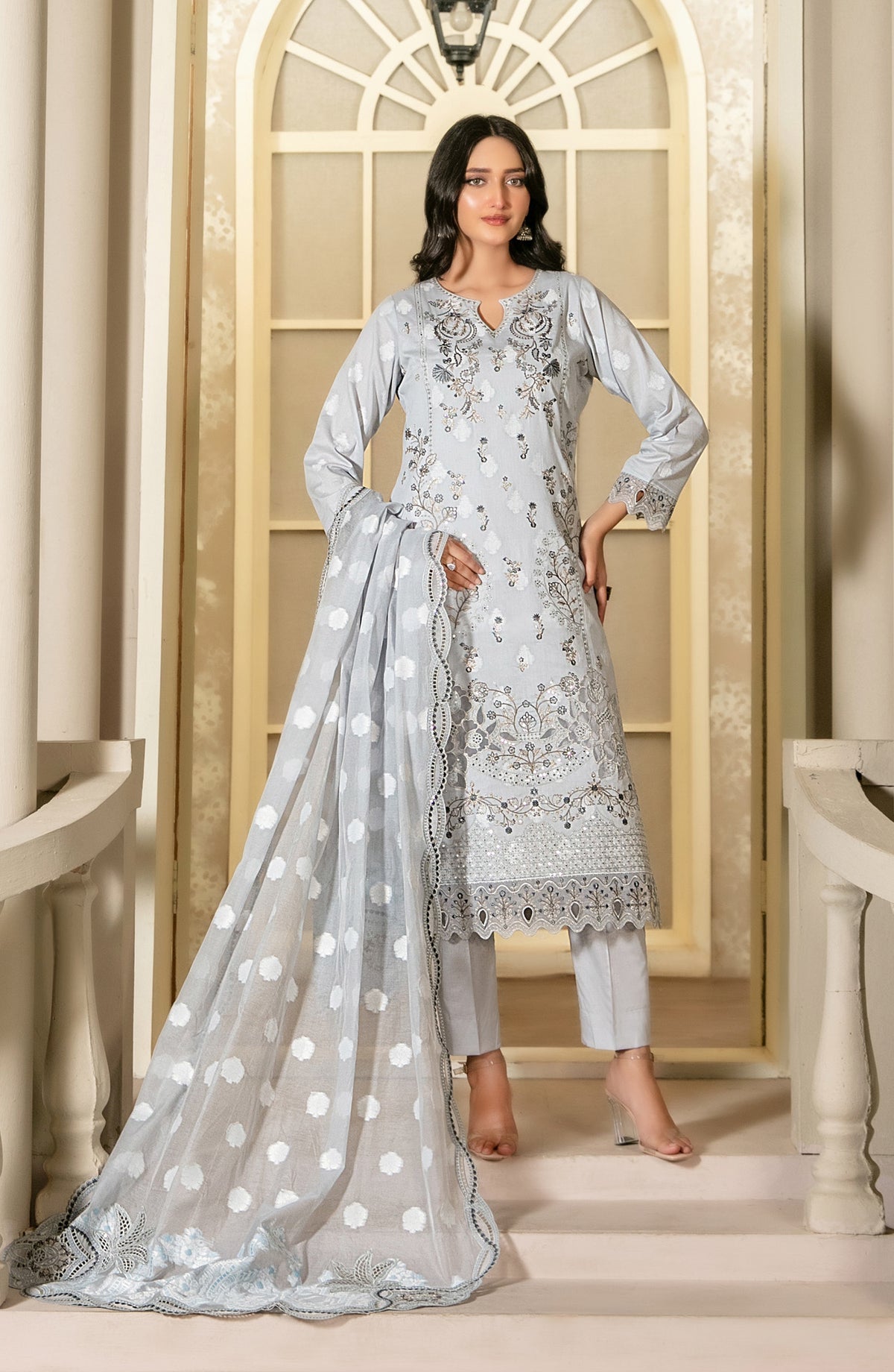 Khwaish by Tawakkal Fabrics Embroidered Broshia Lawn Unstitched 3 Piece Suit - D-2622 - TF26KW - Grey - Summer Collection