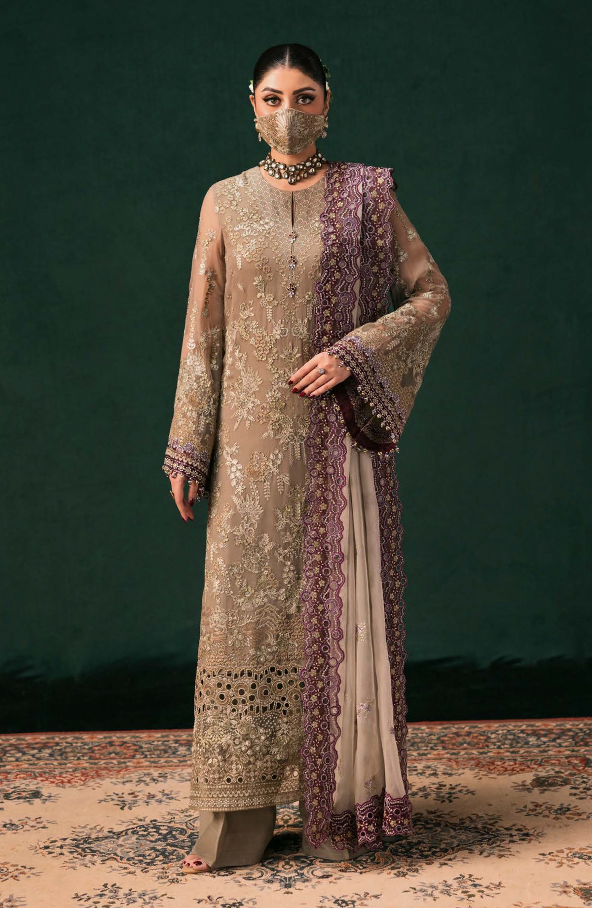 Kohinoor by Flossie Embroidered Luxury Chiffon Unstitched 3 Piece Suit - KOH-05 - FLS25KHN - Beige - Luxury Collection