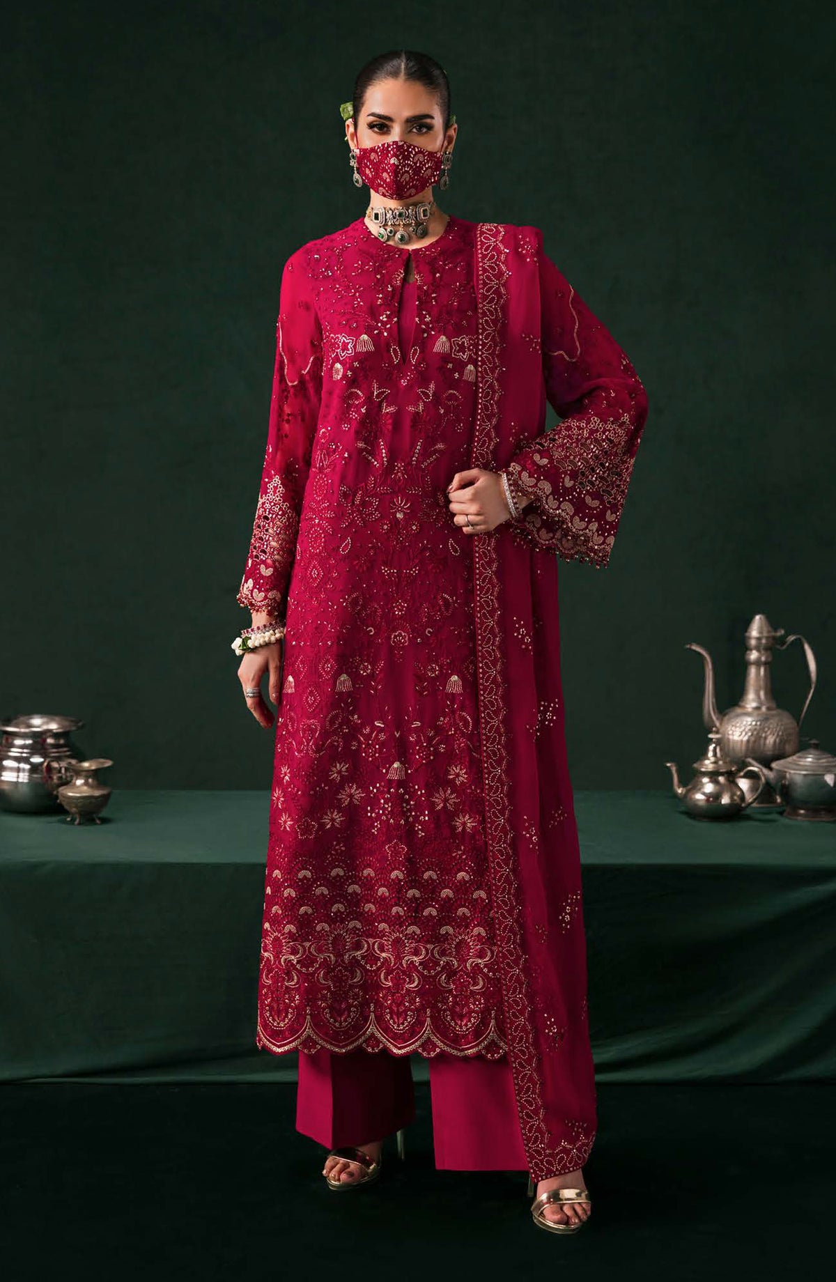 Kohinoor by Flossie Embroidered Luxury Chiffon Unstitched 3 Piece Suit - KOH-04 - FLS25KHN - Red - Luxury Collection