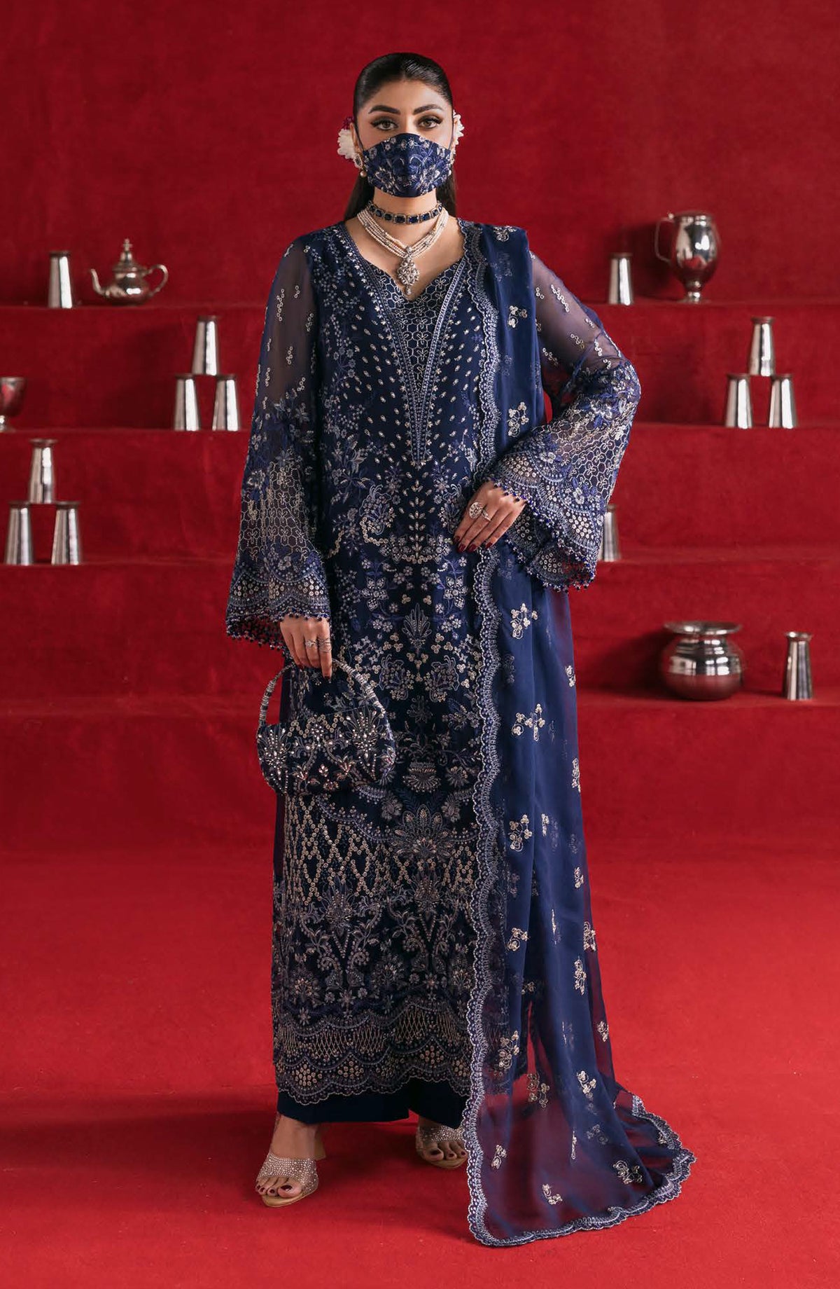 Kohinoor by Flossie Embroidered Luxury Chiffon Unstitched 3 Piece Suit - KOH-03 - FLS25KHN - Blue - Luxury Collection