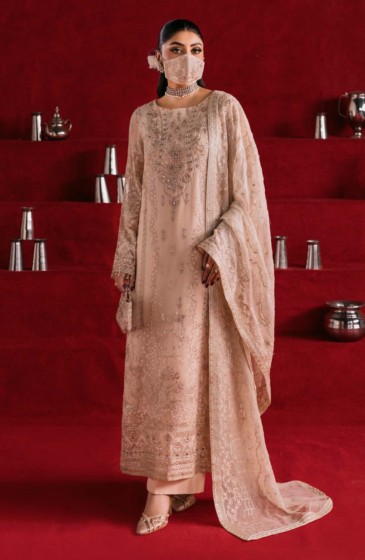 Kohinoor by Flossie Embroidered Luxury Chiffon Unstitched 3 Piece Suit - KOH-01 - FLS25KHN - Peach - Luxury Collection