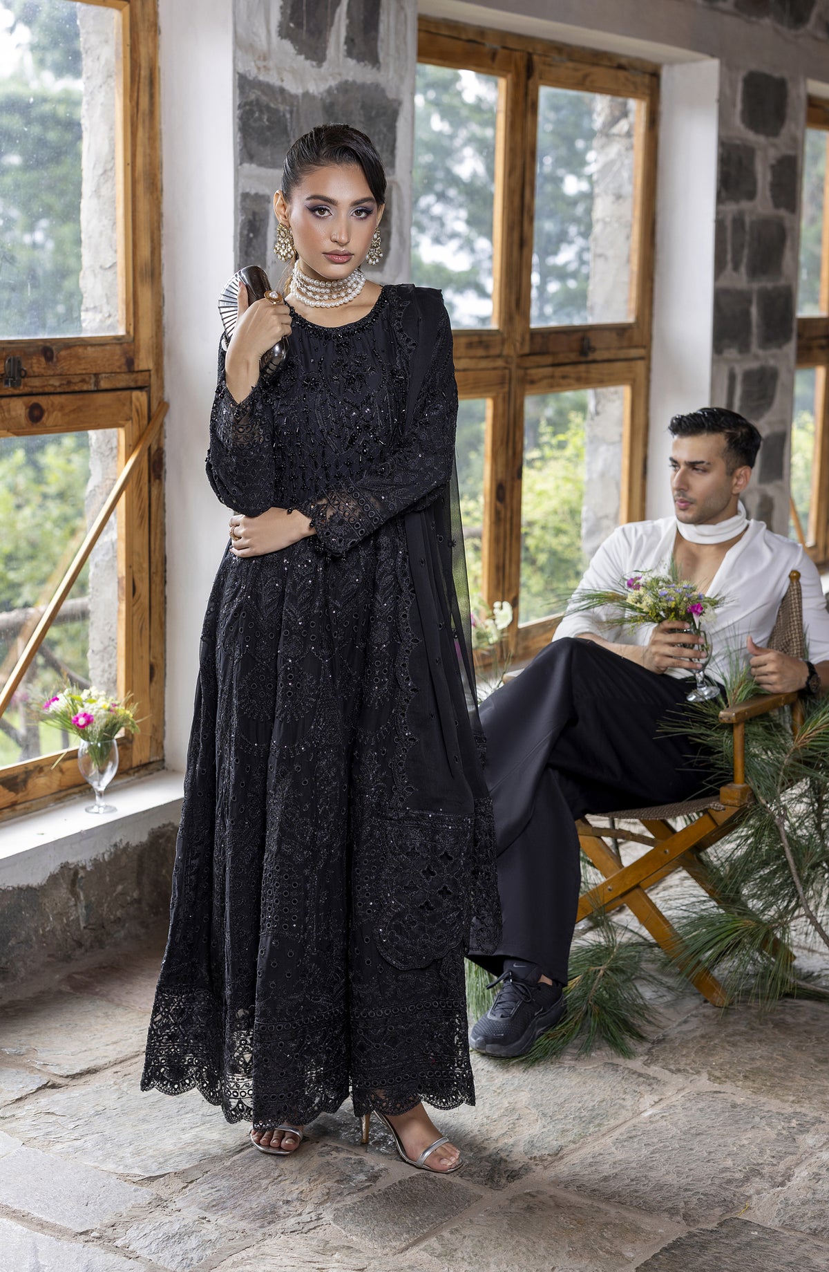 Kumari by Diara Couture Embroidered Organza Stitched 3 Piece Suit - ELAISA - DC25KMR - Black - Luxury Collection