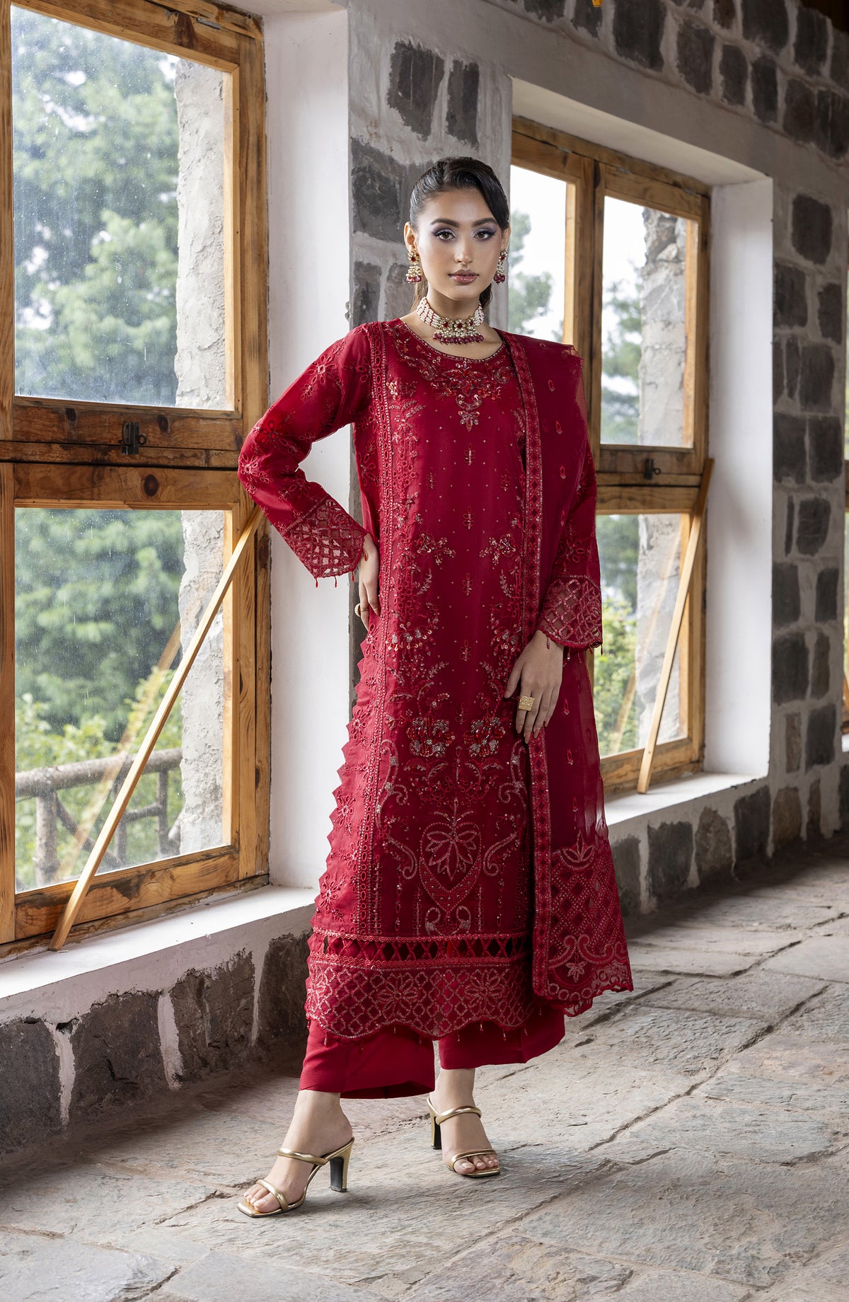 Kumari by Diara Couture Embroidered Organza Stitched 3 Piece Suit - KAIRA - DC25KMR - Maroon - Luxury Collection