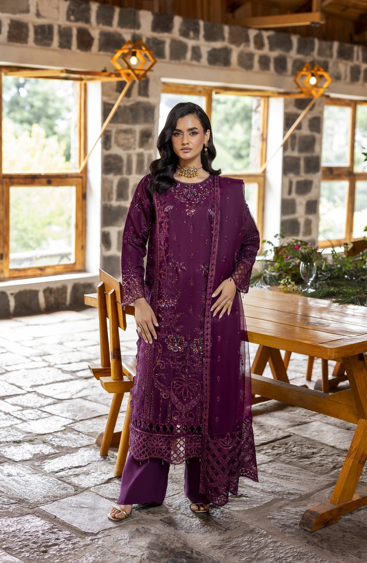 Kumari by Diara Couture Embroidered Organza Stitched 3 Piece Suit - KAIRA - DC25KMR - Plum - Luxury Collection