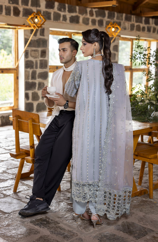 Kumari by Diara Couture Embroidered Organza Stitched 3 Piece Suit - MOONLIT SAPPHIRE - DC25KMR - Grey Blue - Luxury Collection