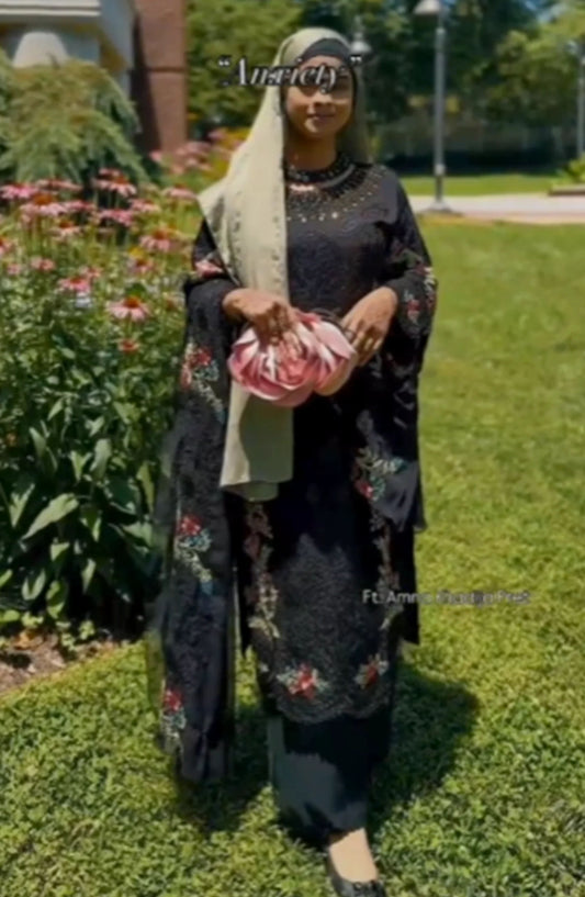 La Fleur by Amna Khadija Embroidered Chiffon Stitched 3 Piece Suit - MB ED 01 - Black - Formal Collection