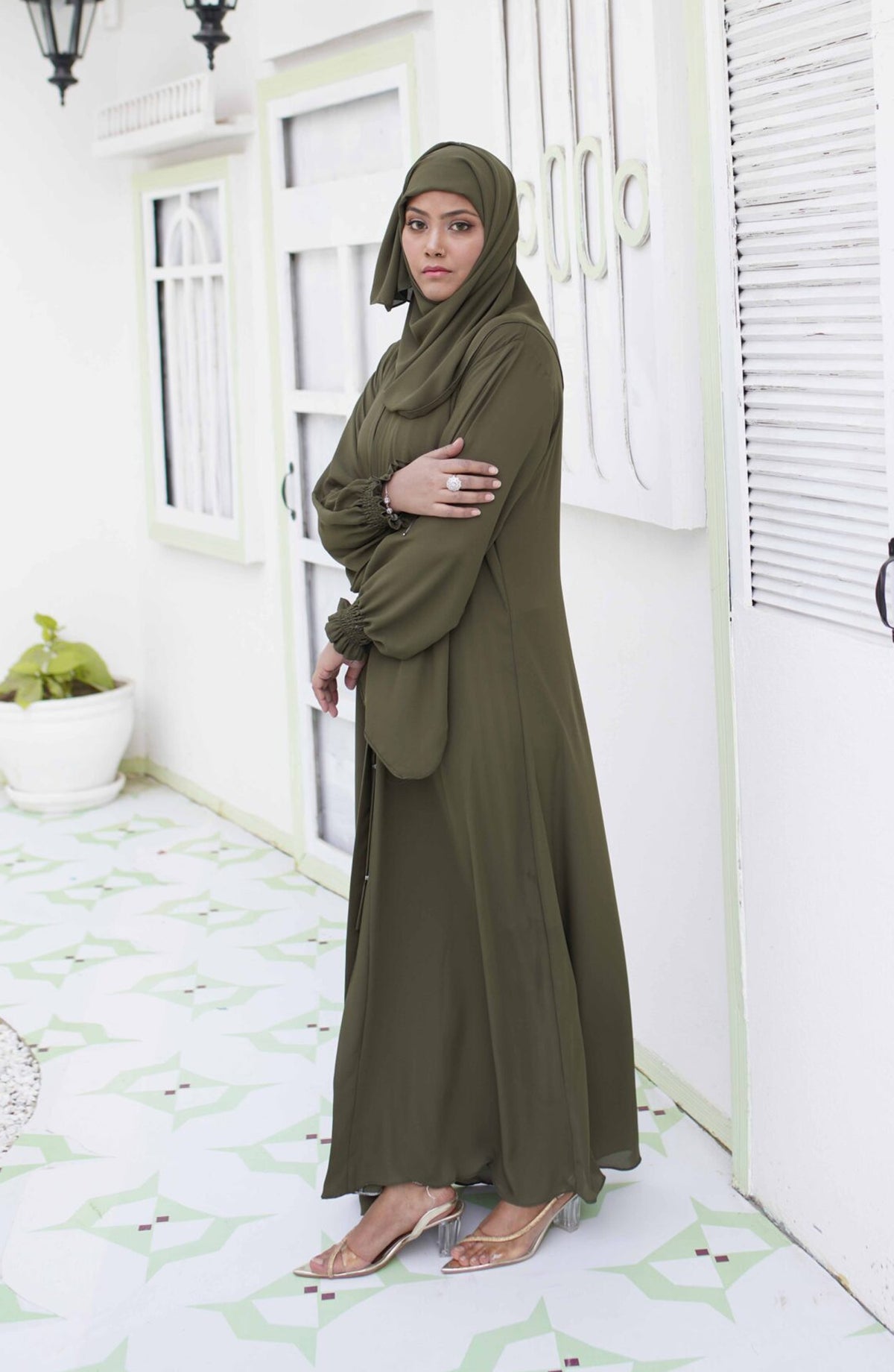 La Khilaba Daily Wear Printed High Quality Georgette - Olive Open Abaya Set - LKH25DWA - Abaya Collection