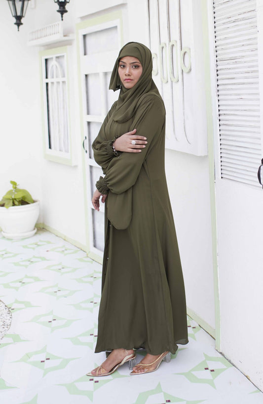 La Khilaba Daily Wear Printed High Quality Georgette - Olive Open Abaya Set - LKH25DWA - Abaya Collection