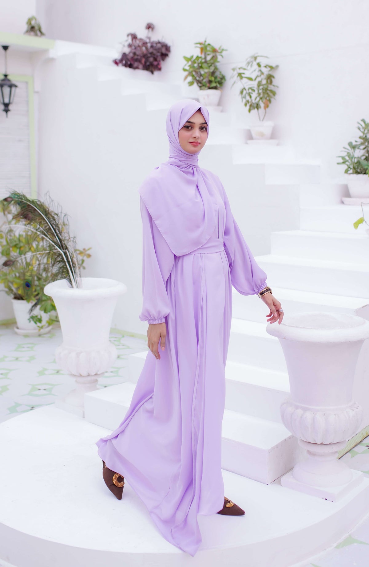 La Khilaba Daily Wear Printed High-end Georgette - Lilac Open Abaya - LKH25DWA - Abaya Collection