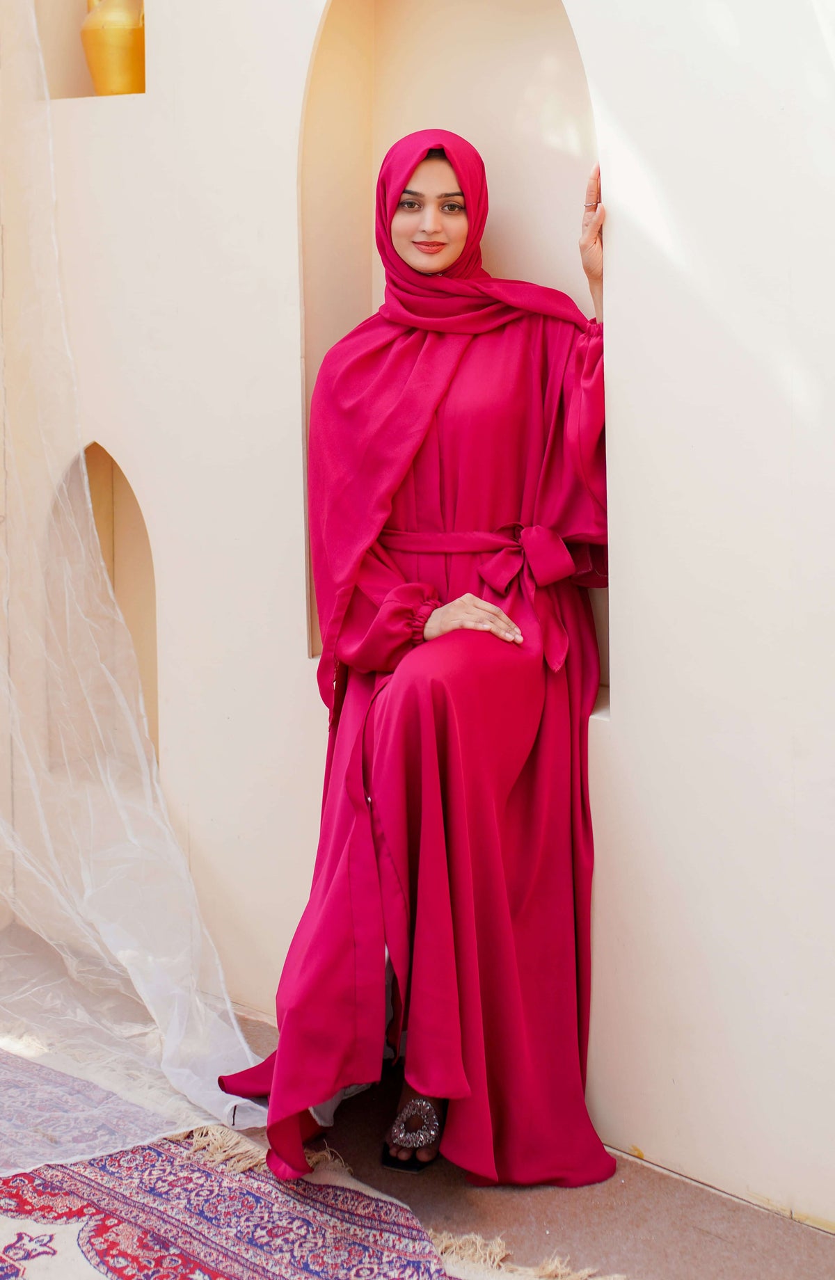 La Khilaba Daily Wear Printed Korean Nida - Hot Pink Flared Abaya - LKH25DWA - Abaya Collection