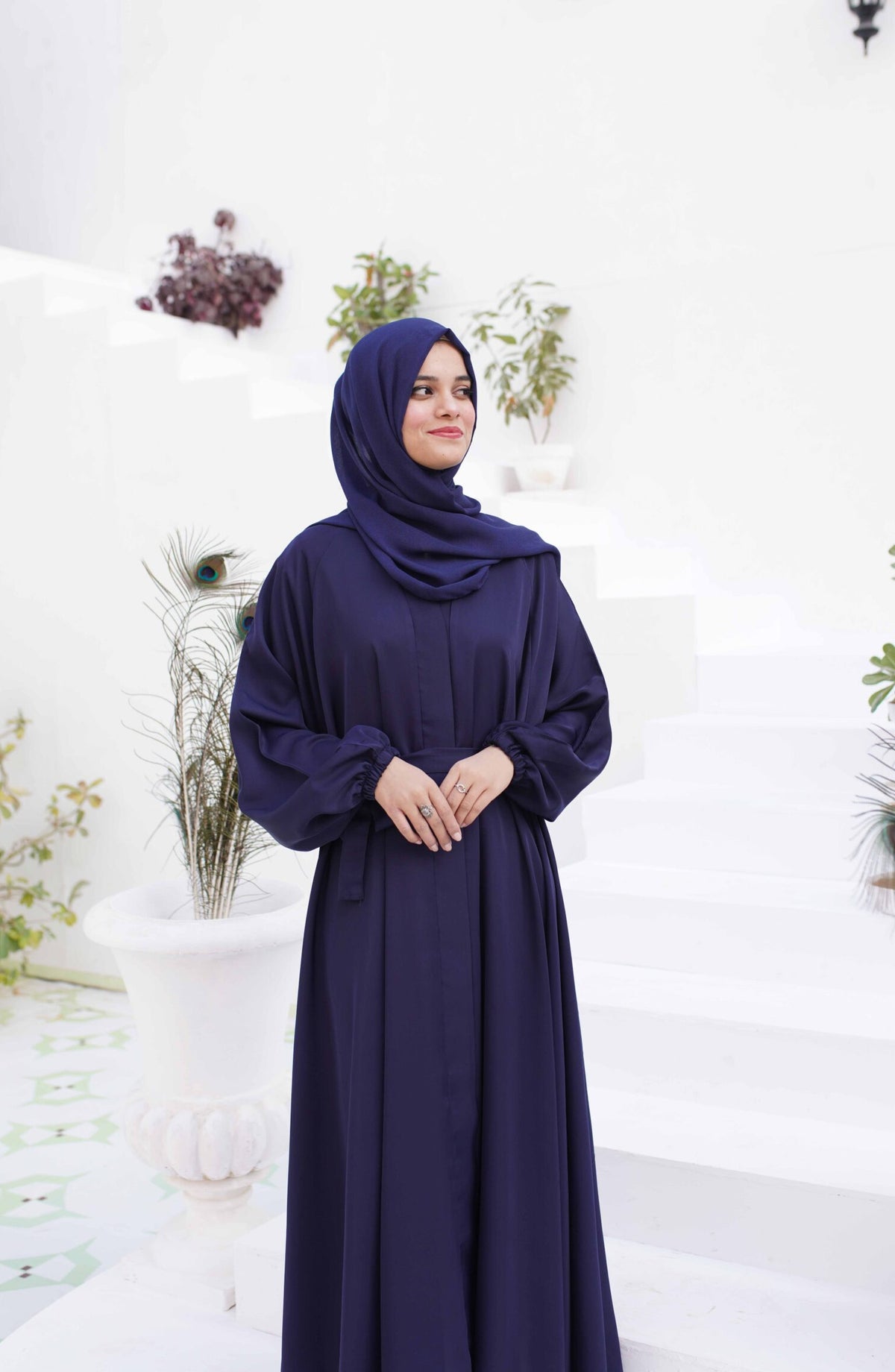 La Khilaba Daily Wear Printed Korean Nida - Deep Navy Flared Abaya - LKH25DWA - Abaya Collection