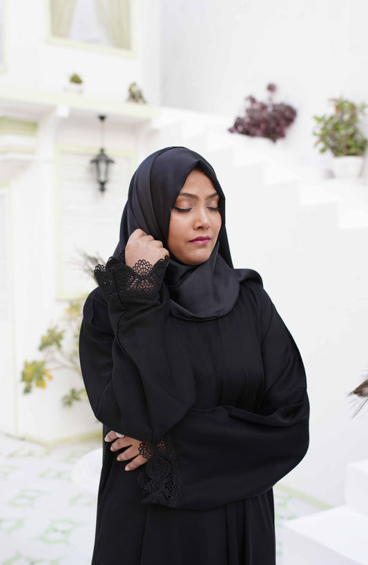 La Khilaba Daily Wear Printed Korean Nida - Black Laced Abaya - LKH25DWA - Abaya Collection