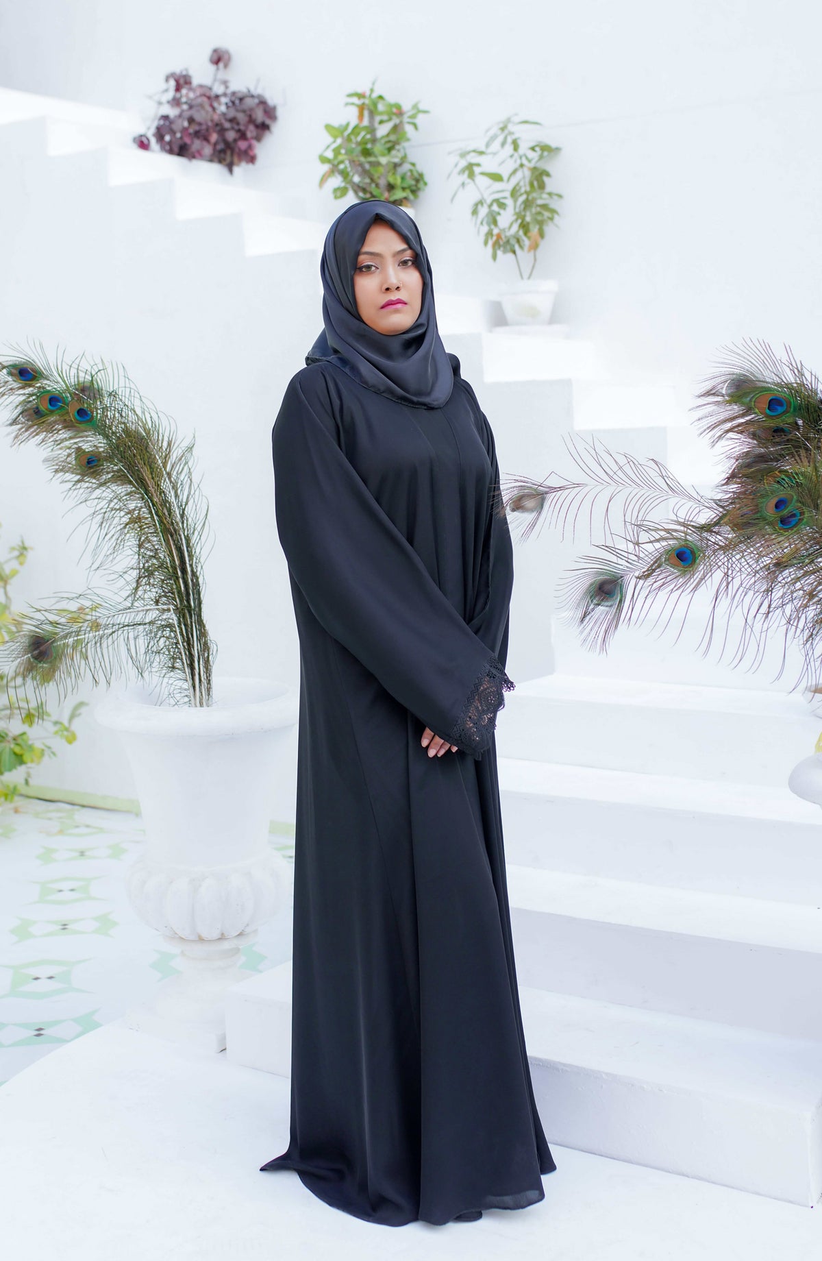 La Khilaba Daily Wear Printed Korean Nida - Black Laced Abaya - LKH25DWA - Abaya Collection