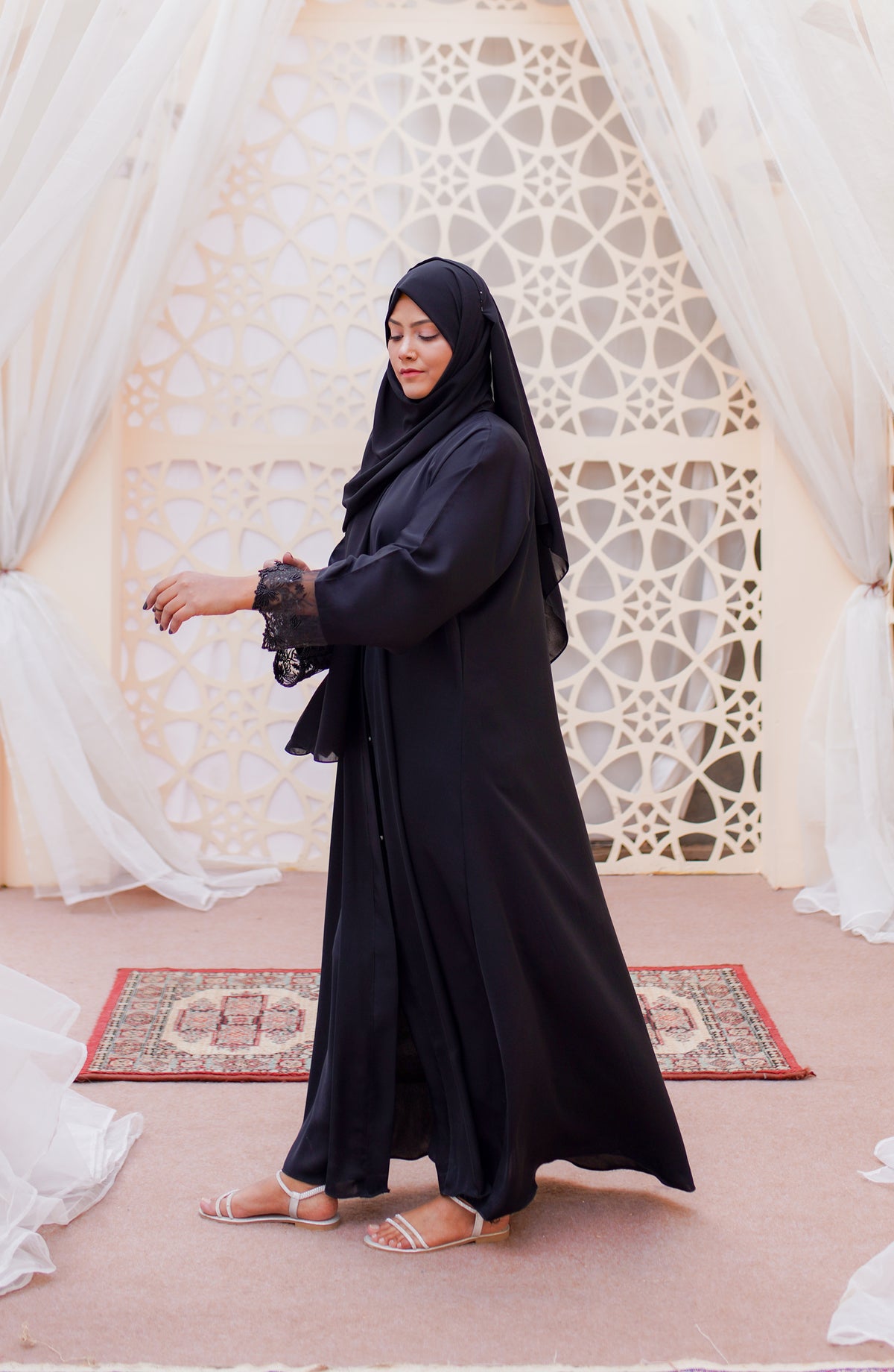 La Khilaba Festive Wear Embroidered Premium Quality Nida - Black Embellished Sleeves Abaya - LKH25FSW - Abaya Collection