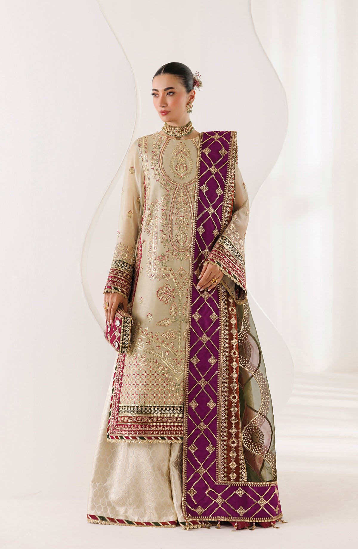 La Ruhe by Alizeh Embroidered Zari Unstitched 3 Piece Suit - 03 Cew - ALZ26LRH - Beige - Festive Collection
