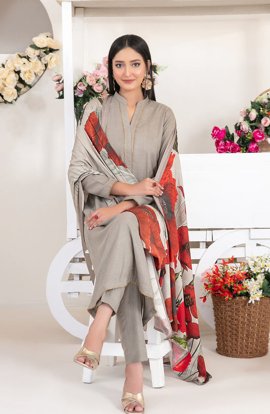 Laila by Tawakkal Fabrics Fancy Printed Leather Peach Unstitched 3 Piece Suit - D-4717 - TF25LAI - Grey - Winter Collection