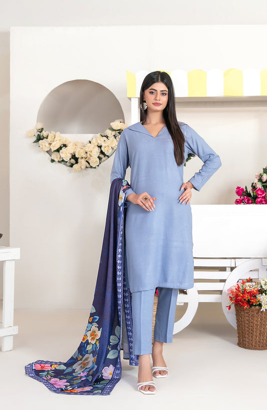 Laila by Tawakkal Fabrics Fancy Printed Leather Peach Unstitched 3 Piece Suit - D-4715 - TF25LAI - Blue - Winter Collection