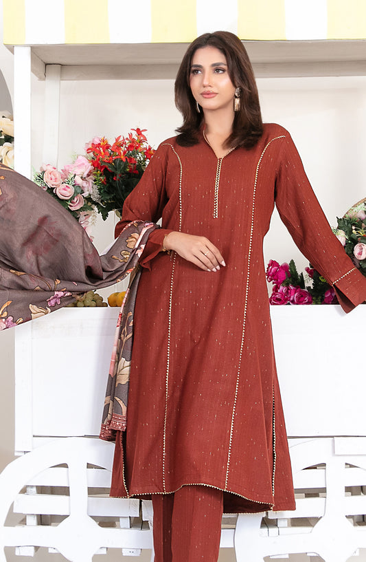 Laila by Tawakkal Fabrics Fancy Printed Leather Peach Unstitched 3 Piece Suit - D-4714 - TF25LAI - Maroon - Winter Collection