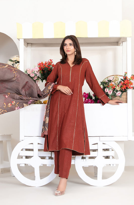 Laila by Tawakkal Fabrics Fancy Printed Leather Peach Unstitched 3 Piece Suit - D-4714 - TF25LAI - Maroon - Winter Collection