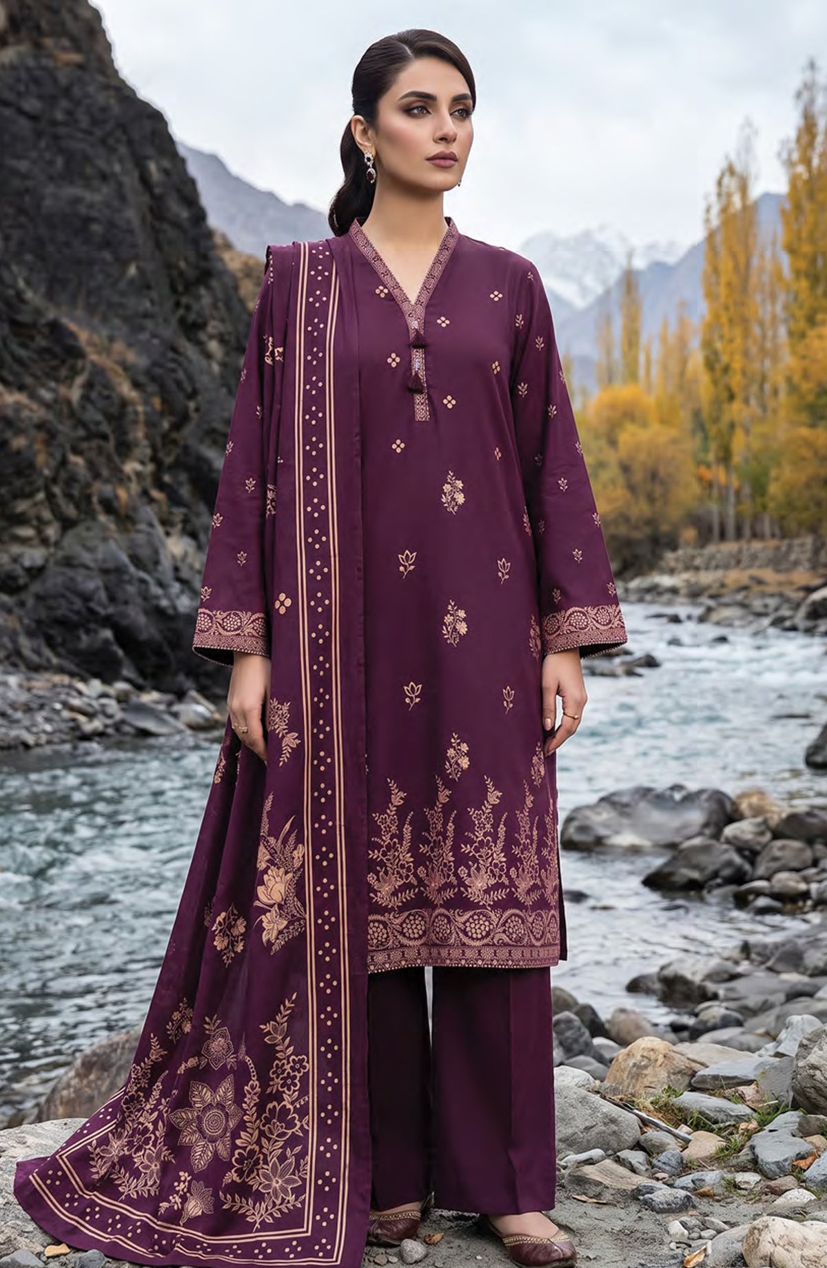 Lakhany Printed Pashmina Unstitched 3 Piece Suit - D-07 - LKN26PS - Purple - Winter Collection