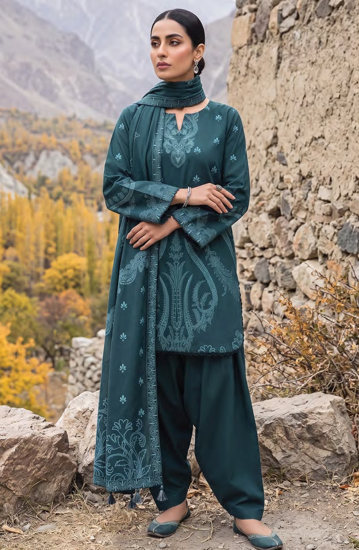 Lakhany Printed Pashmina Unstitched 3 Piece Suit - D-05 - LKN26PS - Green - Winter Collection