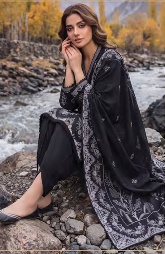 Lakhany Printed Pashmina Unstitched 3 Piece Suit - D-03 - LKN26PS - Black - Winter Collection
