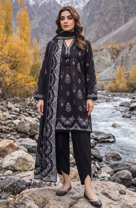 Lakhany Printed Pashmina Unstitched 3 Piece Suit - D-03 - LKN26PS - Black - Winter Collection