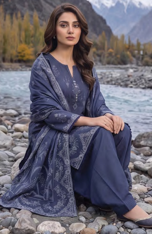 Lakhany Printed Pashmina Unstitched 3 Piece Suit - D-01 - LKN26PS - Blue - Winter Collection