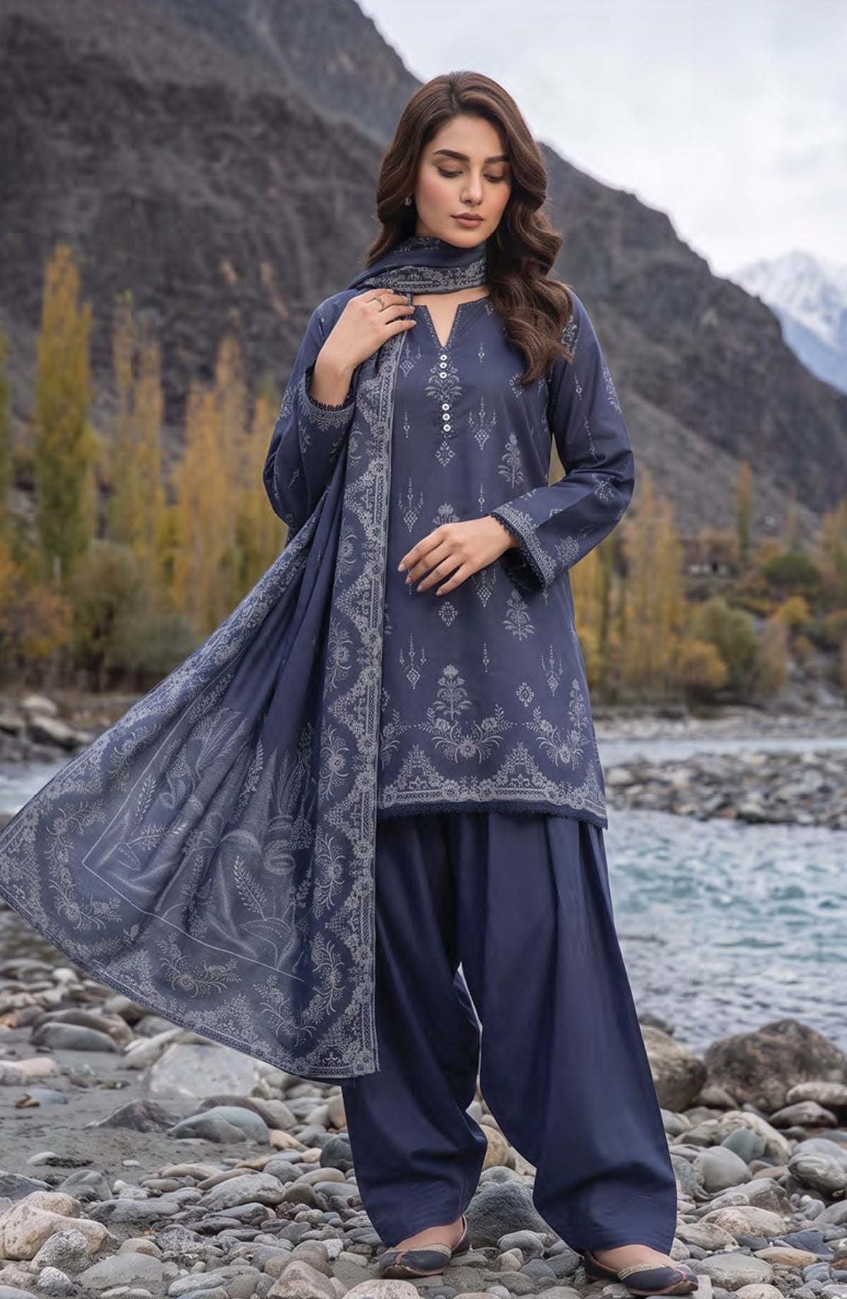 Lakhany Printed Pashmina Unstitched 3 Piece Suit - D-01 - LKN26PS - Blue - Winter Collection