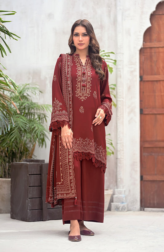 Lakhany Printed Pashmina Unstitched 3 Piece Suit - 0082-A - LKN25PSH - Maroon - Winter Collection