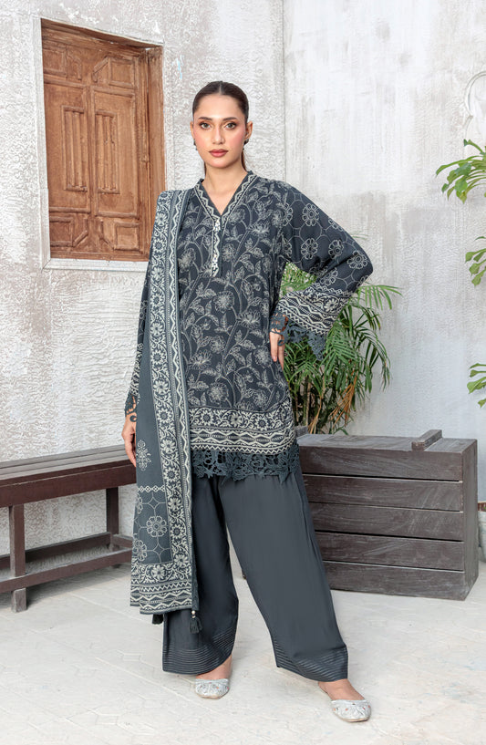 Lakhany Printed Pashmina Unstitched 3 Piece Suit - 0511-C - LKN25PSH - Grey - Winter Collection