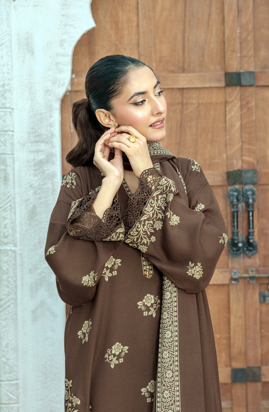 Lakhany Printed Pashmina Unstitched 3 Piece Suit - 0335-C - LKN25PSH - Brown - Winter Collection