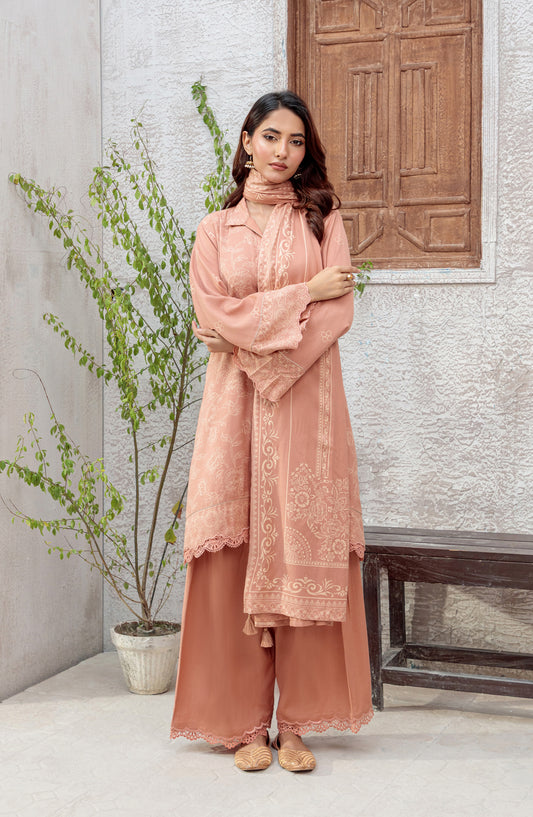 Lakhany Printed Pashmina Unstitched 3 Piece Suit - 0091-A - LKN25PSH - Peach - Winter Collection