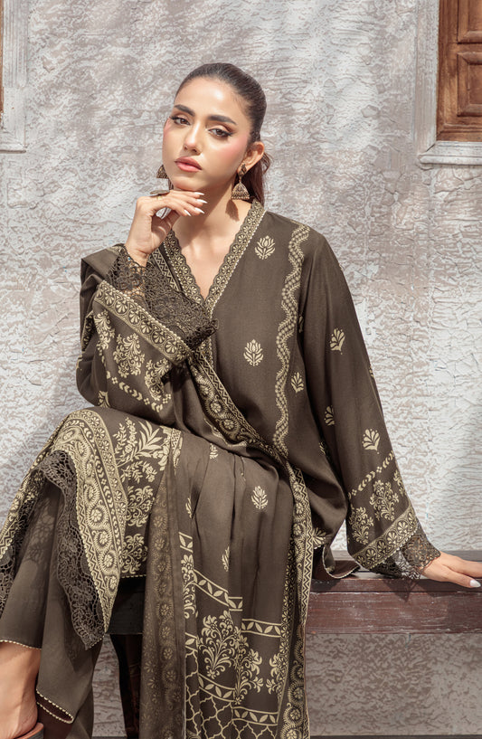 Lakhany Printed Pashmina Unstitched 3 Piece Suit - 0039-B - LKN25PSH - Brown - Winter Collection
