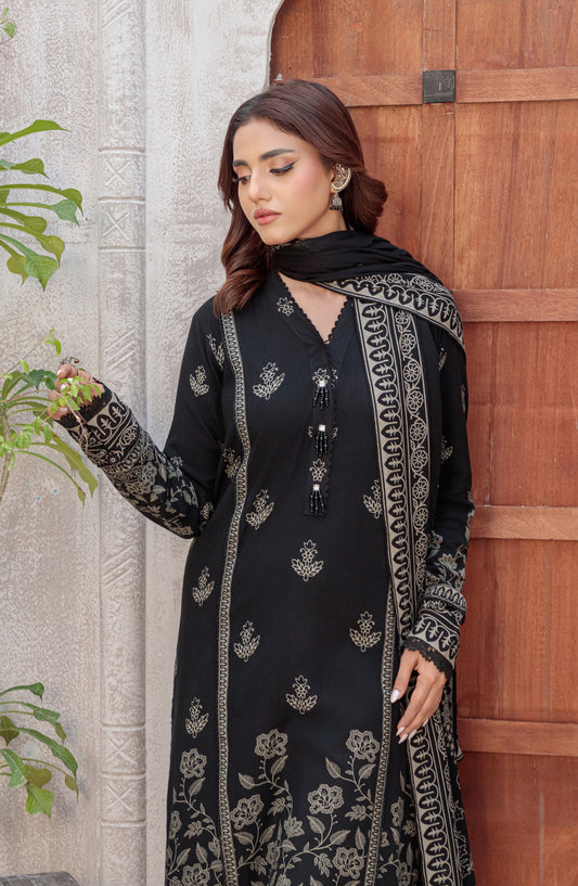 Lakhany Printed Pashmina Unstitched 3 Piece Suit - 0035-C - LKN25PSH - Black - Winter Collection