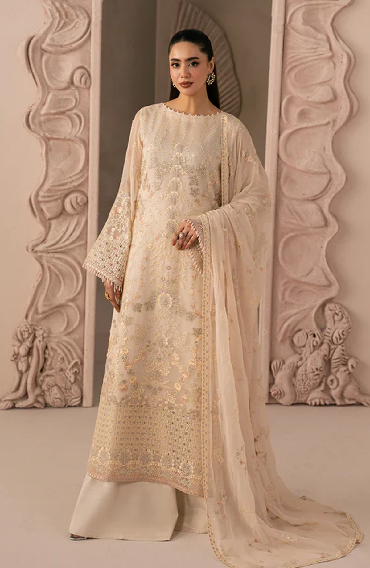 Lamisah Izhare Muhabbat Embroidered Chiffon Unstitched 3 Piece Suit - White Rose - LP26IZH - Luxury Collection