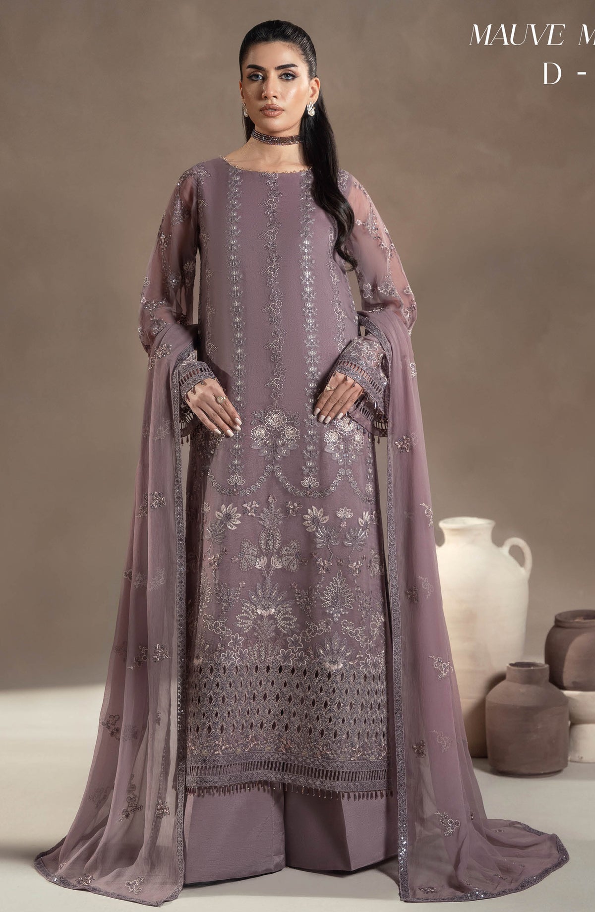 Lamisah by Lavish Premium Afsana Embroidered Chiffon Unstitched 3 Piece Suit - D-09 Mauve Mystique - LP25AFS - Purple - Luxury Collection
