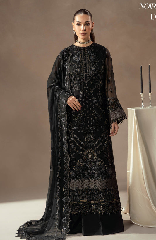 Lamisah by Lavish Premium Afsana Embroidered Chiffon Unstitched 3 Piece Suit - D-08 Noir Royale - LP25AFS - Black - Luxury Collection