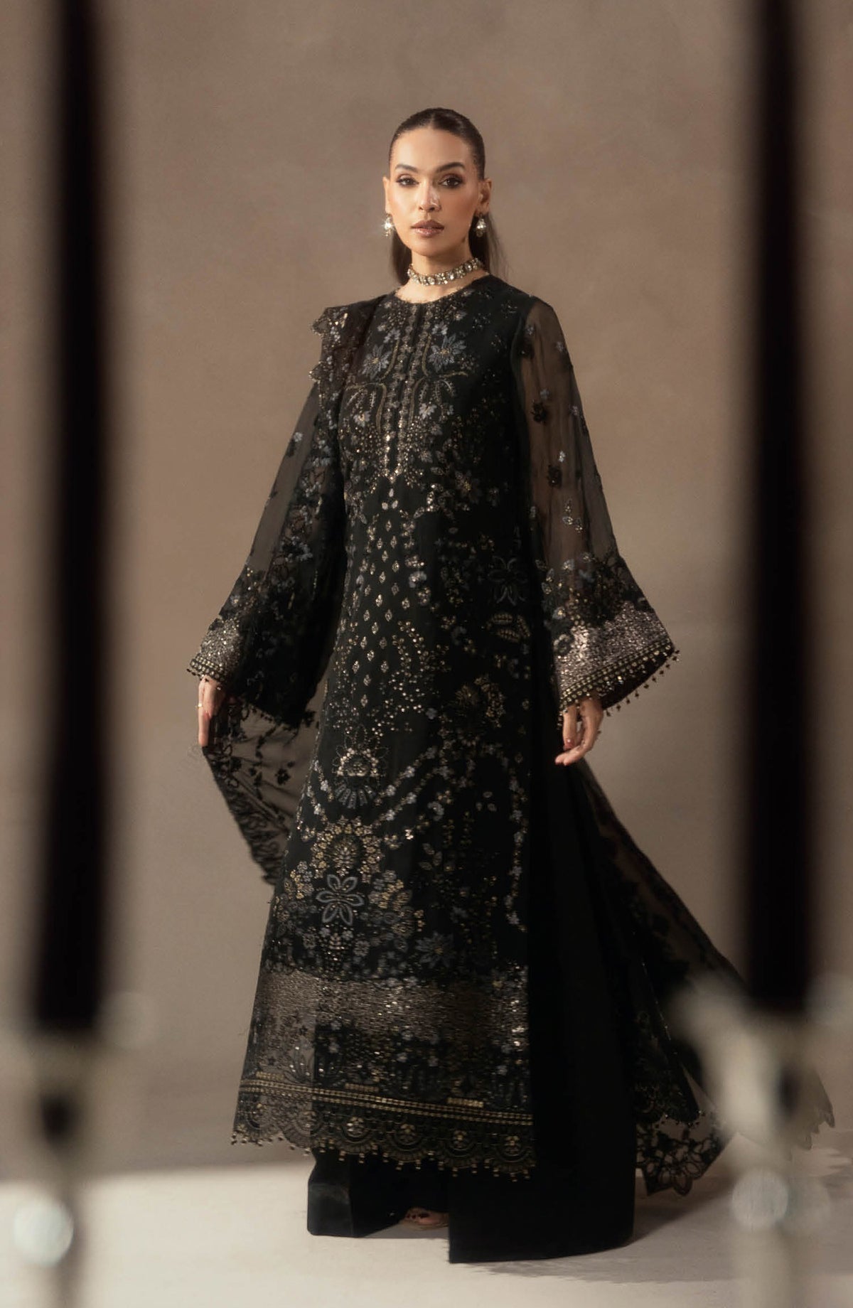 Lamisah by Lavish Premium Afsana Embroidered Chiffon Unstitched 3 Piece Suit - D-08 Noir Royale - LP25AFS - Black - Luxury Collection
