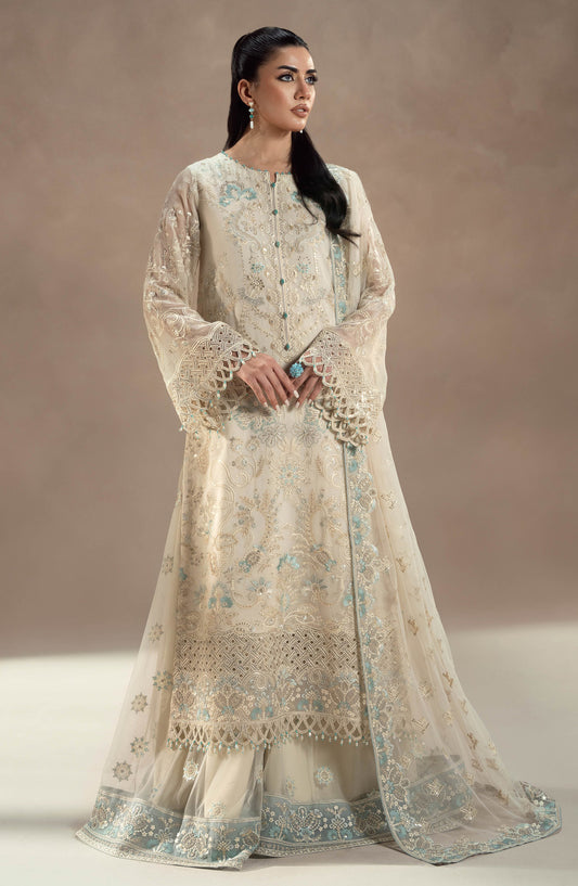 Lamisah by Lavish Premium Afsana Embroidered Chiffon Unstitched 3 Piece Suit - D-07 Pearl Garden - LP25AFS - Fawn - Luxury Collection