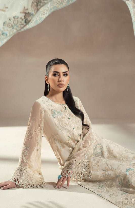 Lamisah by Lavish Premium Afsana Embroidered Chiffon Unstitched 3 Piece Suit - D-07 Pearl Garden - LP25AFS - Fawn - Luxury Collection