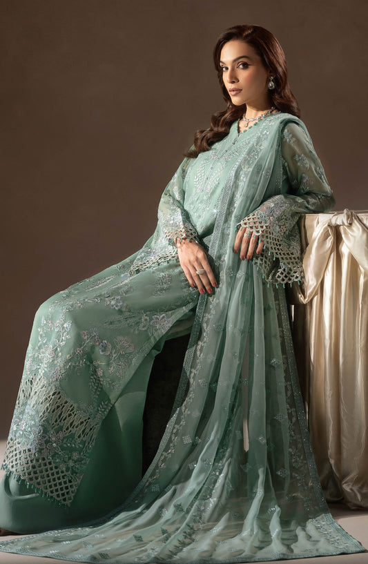 Lamisah by Lavish Premium Afsana Embroidered Chiffon Unstitched 3 Piece Suit - D-04 Mint Whisper - LP25AFS - Blue - Luxury Collection