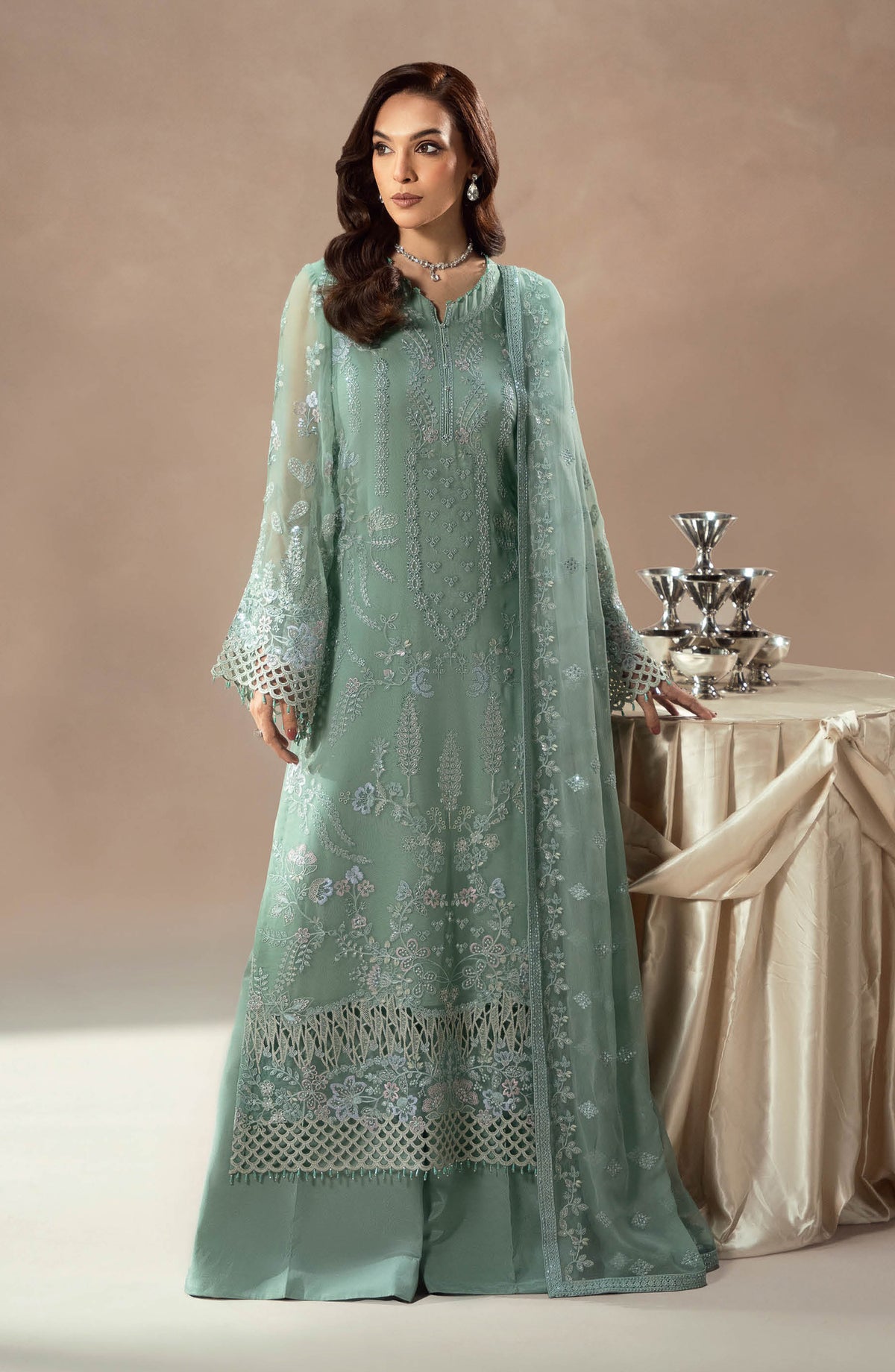 Lamisah by Lavish Premium Afsana Embroidered Chiffon Unstitched 3 Piece Suit - D-04 Mint Whisper - LP25AFS - Blue - Luxury Collection