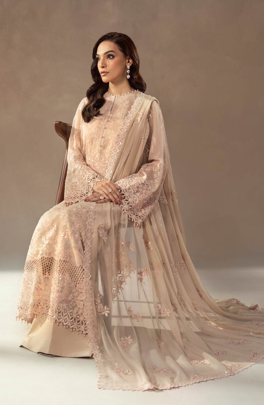 Lamisah by Lavish Premium Afsana Embroidered Chiffon Unstitched 3 Piece Suit - D-02 Champagne Blossom - LP25AFS - Gold - Luxury Collection
