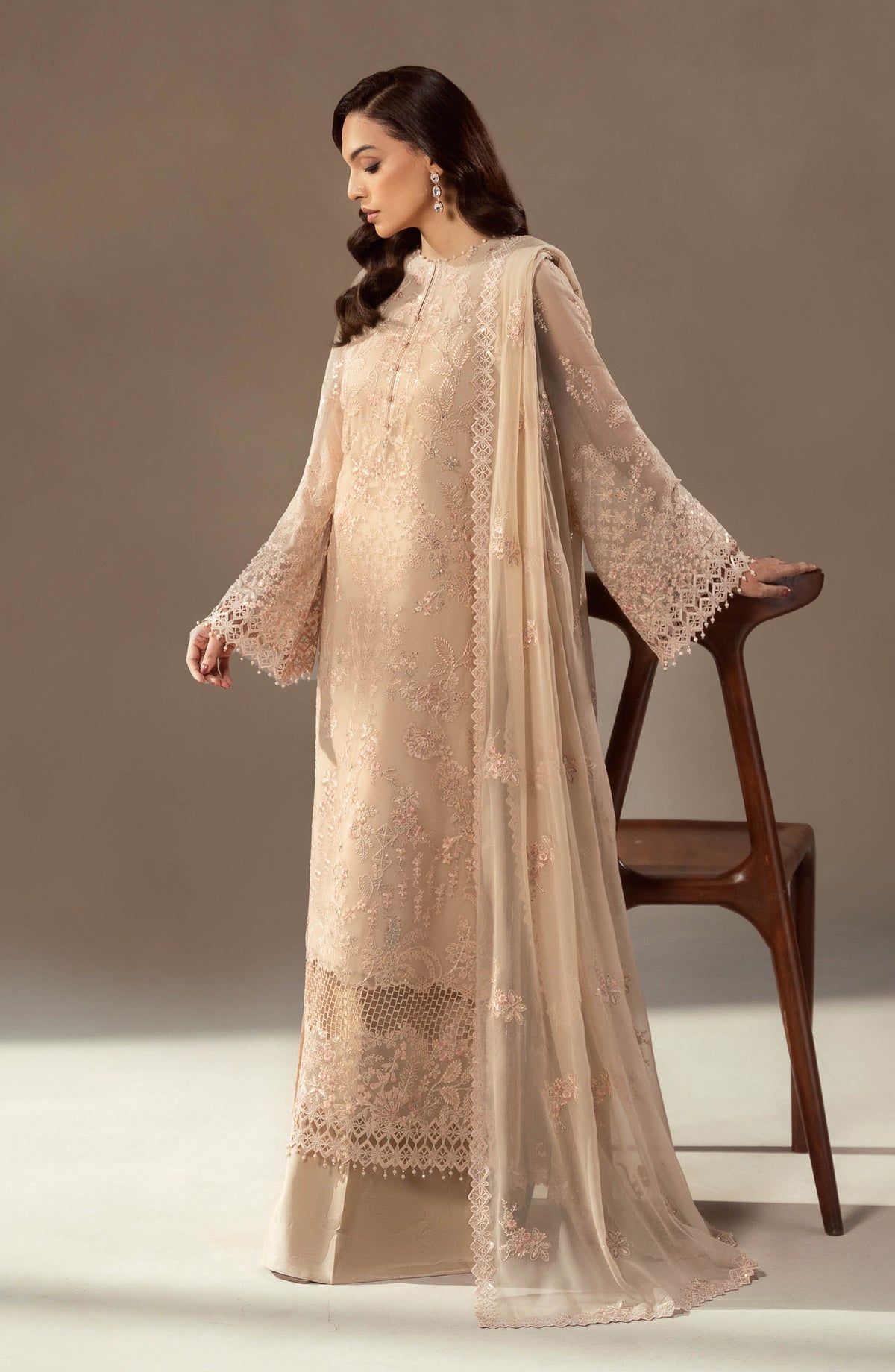 Lamisah by Lavish Premium Afsana Embroidered Chiffon Unstitched 3 Piece Suit - D-02 Champagne Blossom - LP25AFS - Gold - Luxury Collection