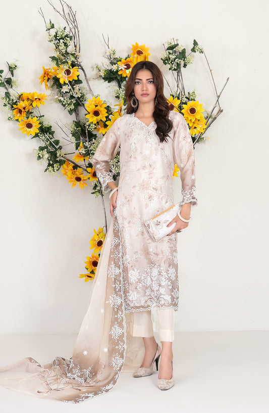Larimar by Tawakkal Fabric Embroidered Organza Unstitched 3 Piece Suit - D-4255 - TF25LRM - Beige - Fancy Collection
