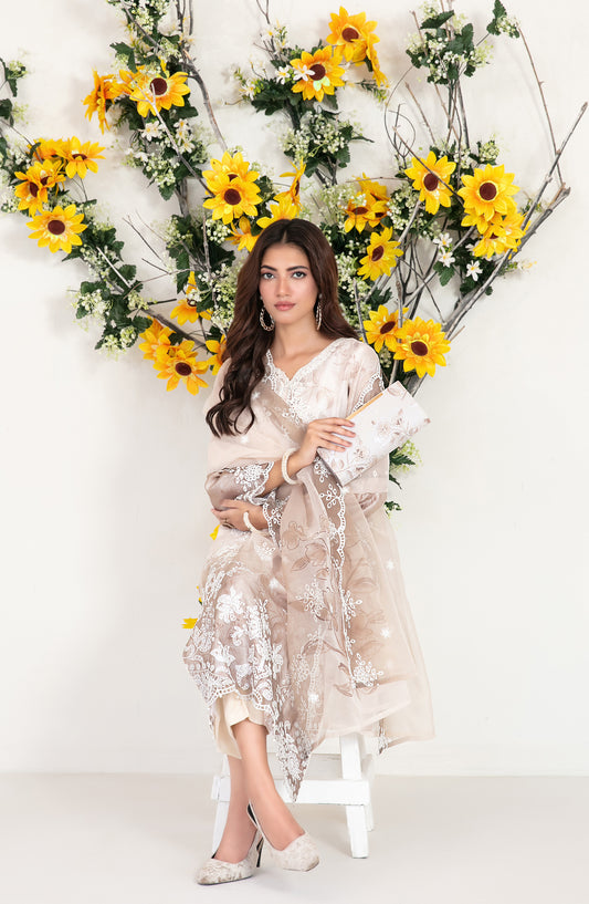 Larimar by Tawakkal Fabric Embroidered Organza Unstitched 3 Piece Suit - D-4255 - TF25LRM - Beige - Fancy Collection